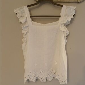 Nicole Miller Linen Eyelet Tank Top White Ruffle Strap Button Back
